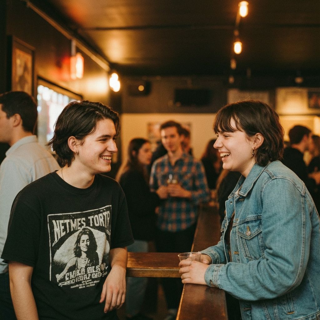 Friends connecting at a music venue